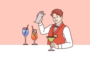 uomo barista prepara cocktail con aggiunta alcool e sciroppo con Ghiaccio, invitante ospiti per festa vettore