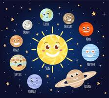 cartone animato pianeti con facce. solare sistema pianeta personaggio emoji, terra, Luna, sole e Marte nel esterno spazio. astronomia per bambini vettore impostato