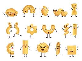 cartone animato divertente pasta personaggi, italiano maccheroni portafortuna emoji. comico contento spaghetti, penne e fusilli con viso, mani e gambe vettore impostato