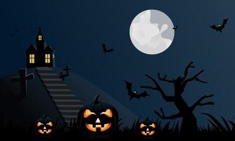zucca di halloween e castello scuro o casa sulla scogliera di montagna con uno sfondo di luna pipistrello mosca nera. concetto illustrazione di sfondo festa di halloween. vettore