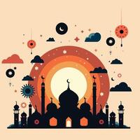 silhouette paesaggio di moschea con brillante cielo per Ramadan design grafico nel musulmano cultura e Islam religione. vettore illustrazione di sfondo moschea nel il notte per islamico sfondo design