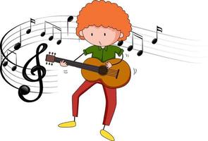 cartone animato scarabocchiare un ragazzo che suona la chitarra o l'ukulele con i simboli della melodia vettore