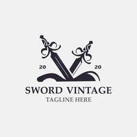 spada Vintage ▾ logo design. illustrazione spada elemento, può essere Usato come logotipo, icona, modello cappotto di braccia concetto vettore