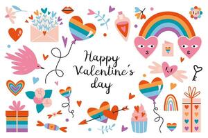 contento San Valentino giorno lgbt elementi impostare. concetto di omosessuale amore. romantico oggetti piace cuori, arcobaleno, cartone animato stile. di moda moderno vettore illustrazione isolato su bianca, mano disegnato, piatto