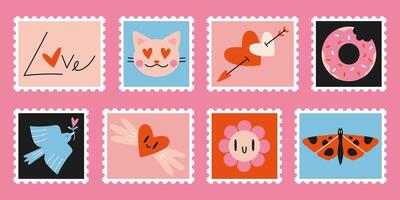 impostato di carino disegnato a mano inviare francobolli con san valentino giorno, amore tema attributi piace cuore, fiore, uccello, gatto. di moda vettore illustrazioni nel cartone animato stile.