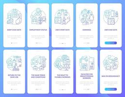 set di schermate della pagina dell'app mobile di onboarding con sfumatura blu relativa al congedo di maternità vettore