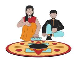 indiani fratelli fabbricazione rangoli 2d lineare cartone animato personaggi. sorella fratello isolato linea vettore persone bianca sfondo. indù Festival di luci deepawali costume colore piatto individuare illustrazione