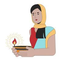 indiano donna trasporto Diwali diya 2d lineare cartone animato carattere. culto di lakshmi isolato linea vettore persona bianca sfondo. indù Festival di luci deepawali costume colore piatto individuare illustrazione