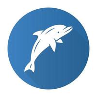 icona del glifo con ombra lunga design piatto blu delfino. mondo sottomarino. creatura dell'acqua altamente intelligente. mammifero acquatico. fauna marina. spettacolo di delfini di intrattenimento. pesce che salta. illustrazione vettoriale silhouette