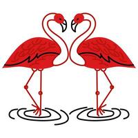 Due fenicotteri di rosso scarabocchio colore siamo piatto. fenicotteri isolato su un' bianca sfondo. tropicale esotico uccelli siamo animali, in piedi su uno gamba, un' cuore. piatto vettore illustrazione nel il modulo di scarabocchi.
