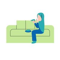 hijab donna mangiare merenda su divano vettore