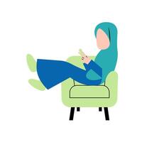 hijab donna giocando smartphone su divano vettore