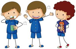 Tre ragazzi in pigiama blu vettore