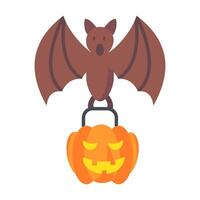 pipistrello icona trasporto un' zucca Borsa pieno con Halloween caramelle, vettore Halloween, isolare su bianca sfondo.