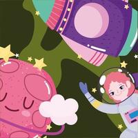 astronauta spaziale ragazza astronave e pianeta galassia avventura simpatico cartone animato vettore