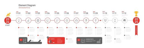 Infografica modello per attività commerciale. 12 mesi moderno sequenza temporale elemento diagramma calendario, 4 trimestre passaggi pietra miliare presentazione vettore infografica.