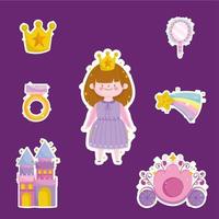 principessa racconto ragazza cartone animato con corona anello specchio anello adesivi icone vettore