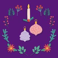 buon natale candela con palline rami bacche decorazione sfondo viola vettore