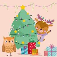 buon natale, gufo renna con regalo e albero cartone animato vettore