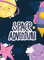 avventura spaziale lancio astronave esplorare pianeti stella simpatico cartone animato vettore