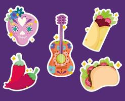 adesivo icone tradizionali della cultura del cibo e della chitarra con teschio di zucchero del Messico vettore