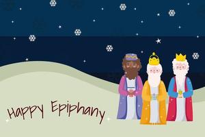 felice epifania, carta decorativa con fiocchi di neve dei tre re saggi vettore