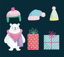 buon natale, simpatico orso polare regali e cappelli cartone animato vettore