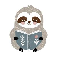 carino bradipo lettura un' libro illustrazione per bambini nel scandinavo o nordico stile. selvaggio animali clipart vettore
