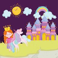 principessa racconto castello unicorno arcobaleno sole nuvole cielo cartone animato vettore