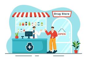 droga memorizzare vettore illustrazione con negozio per il vendita di droghe, un' farmacista, medicinale, capsule e bottiglia nel assistenza sanitaria piatto cartone animato sfondo