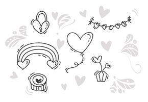 Elementi disegnati a mano di San Valentino di vettore monoline. Buon San Valentino. Schizzo di vacanza Doodle Design card con cuore. Arredamento illustrazione isolato per web, matrimonio e stampa