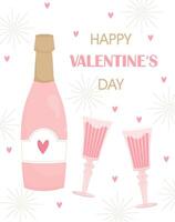 bottiglia di vino con Due bicchieri su il sfondo di cuori e descrizione contento San Valentino giorno. vettore illustrazione.