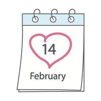 calendario pagina con 14 febbraio Data e cuore sagomato ictus di mano. design concetto per saluti vettore