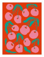 contemporaneo frutta Stampa con ciliegia bacca, formosa le foglie. astratto rosa e rosso biologico botanico manifesto. vettore carta nel minimo stile. di moda galleria arte illustrazione, striscione, volantino, modello.