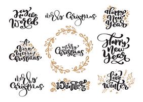 L&#39;insieme del testo di vettore dell&#39;iscrizione di calligrafia d&#39;annata di Buon Natale con l&#39;inverno che disegna gli elementi scandinavi di progettazione. Per art design, mockup brochure style, opuscolo stampa opuscolo, poster