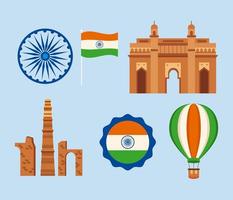 set di icone del giorno dell'indipendenza dell'india vettore