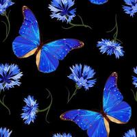 fiordaliso e farfalla. motivo floreale senza soluzione di continuità con farfalla blu neon e fiordalisi su sfondo nero. illustrazione vettoriale d'archivio.