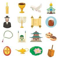 set di icone di religione, stile cartone animato vettore