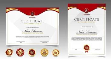 certificato di modello di apprezzamento, colore oro e rosso. certificato moderno pulito con distintivo d'oro. modello di bordo del certificato con motivo di linea di lusso e moderno. modello di vettore del diploma