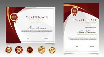 certificato di modello di apprezzamento, colore oro e rosso. certificato moderno pulito con distintivo d'oro. modello di bordo del certificato con motivo di linea di lusso e moderno. modello di vettore del diploma