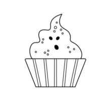 vettore dolce bianco e nero per il gioco dolcetto o scherzetto. fantasma spaventoso come cupcake. cibo tradizionale per le feste di halloween. dessert a forma di mostro isolato su priorità bassa bianca. disegni da colorare vacanze autunnali