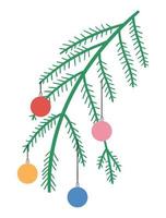 vettore ramo di un albero di Natale decorato con palline colorate isolato su sfondo bianco. carino divertente illustrazione del simbolo del nuovo anno. ramoscello di conifere natalizio per decorazioni o design.