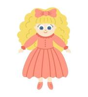 bambola di vettore isolato su priorità bassa bianca. simpatica ragazza giocattolo con capelli biondi in abito rosa illustrazione per bambini. divertente personaggio sorridente per bambini