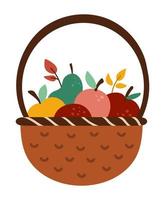 vettore simpatico cesto con mele, pere e foglie. clipart giardino autunnale. divertente illustrazione di frutta stile piatto isolato su sfondo bianco. icona del raccolto della stagione autunnale