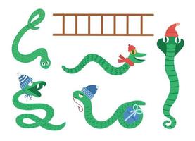 serpenti e clipart scala. divertenti animali natalizi in cappelli e sciarpe per giochi da tavolo educativi. carino inverno serpente illustrazione isolato su sfondo bianco. vettore