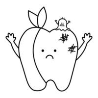 dente dolorante kawaii bianco e nero con benda e microbo. vettore carie denti con icona della linea di decadimento. immagine divertente di cure dentistiche. clipart dentista o pagina da colorare con il concetto di igiene orale.