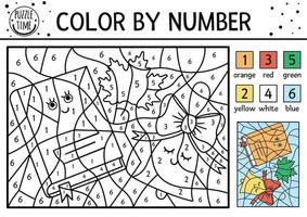 attività vettoriale colore per numero con simpatico libro kawaii, campana e foglia d'acero. ritorno a scuola gioco da colorare e contare con personaggi dei fumetti. divertente pagina da colorare autunnale per bambini.