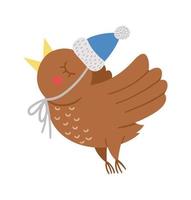 vettore uccello in volo con il becco aperto nel cappello caldo. simpatica illustrazione di animali invernali. disegno divertente della cartolina di Natale. stampa di capodanno con personaggio sorridente