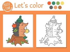 pagina da colorare autunnale per bambini. simpatico riccio divertente con una tazza di tè seduto sul ceppo d'albero. illustrazione del profilo della stagione autunnale di vettore. libro a colori di animali della foresta per bambini con esempio colorato vettore