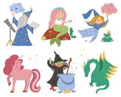 collezione di personaggi delle fiabe. set vettoriale di strega fantasy, unicorno, drago, fata, mago, sirena, principe ranocchio. pacchetto castello delle fiabe medievali. icone magiche dei cartoni animati per bambini.